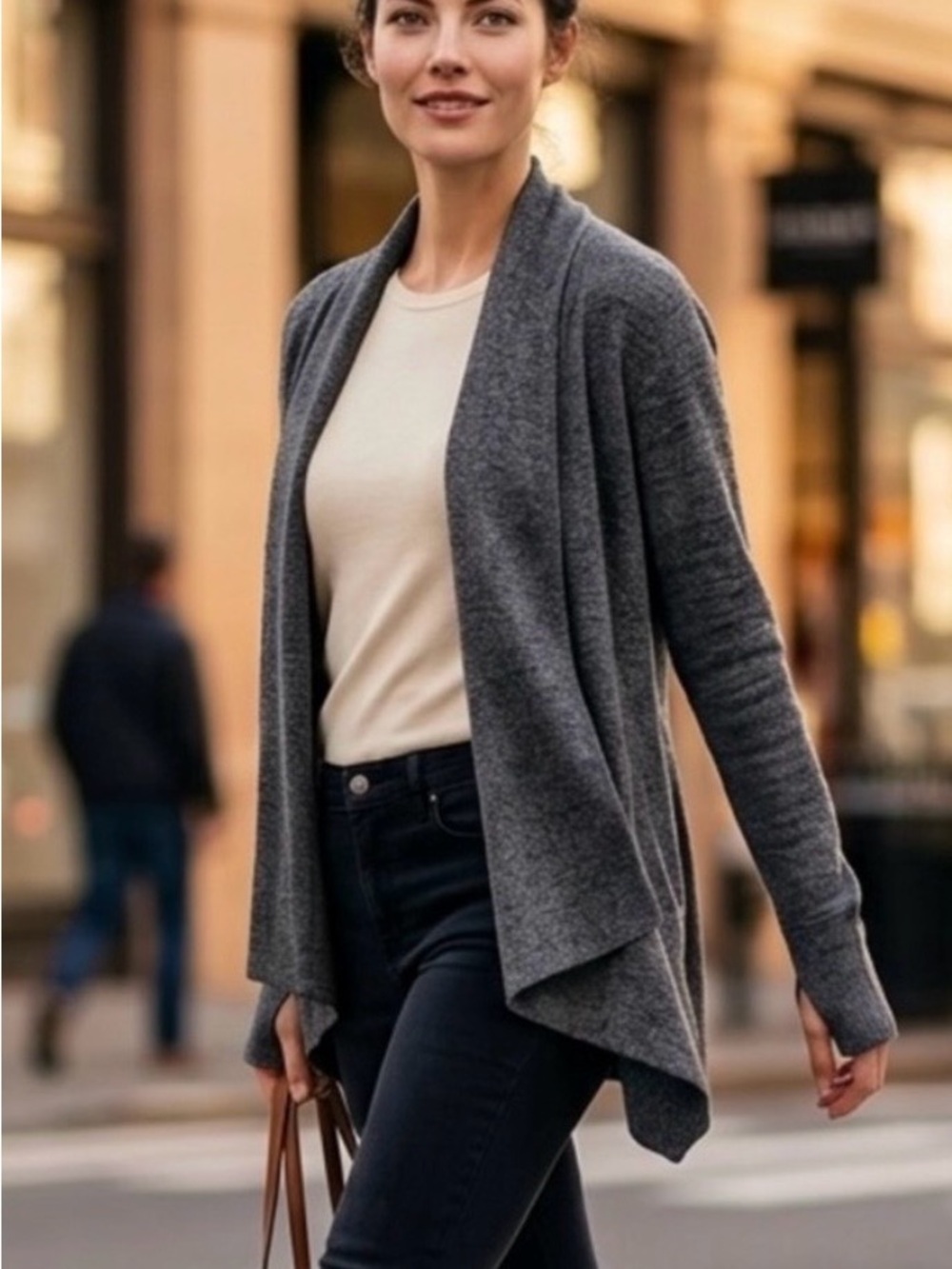 Athleta Pranayama Restore wrap Cardigan dark gray open front thumb holes small